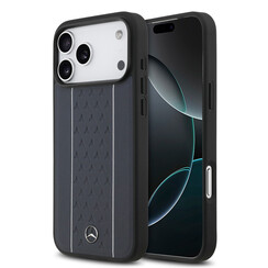 Mercedes-Benz iPhone 17 Pro Max/iPhone 18 Pro Max Backcoverhoesje - Echt leer - MagSafe - Sterrenpatroon en witte strepen - Marineblauw
