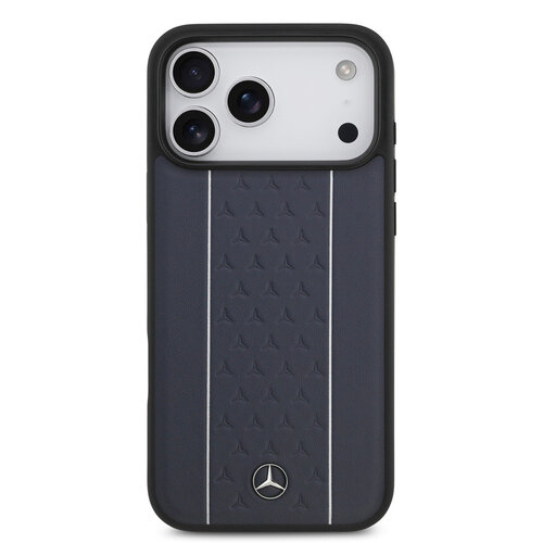 Mercedes-Benz Mercedes-Benz iPhone 17 Pro Max/iPhone 18 Pro Max Coque arrière Cuir véritable MagSafe Motif étoilé et rayures blanches - Bleu marine