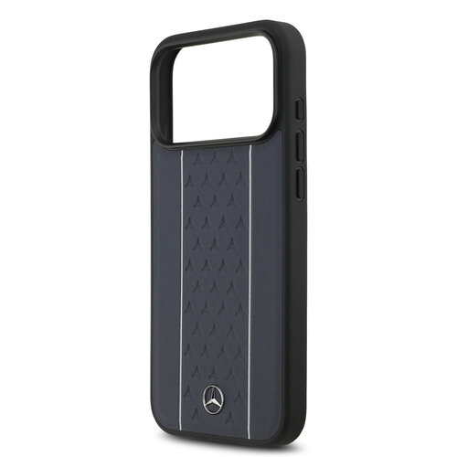 Mercedes-Benz Mercedes-Benz iPhone 17 Pro Max/iPhone 18 Pro Max Coque arrière Cuir véritable MagSafe Motif étoilé et rayures blanches - Bleu marine