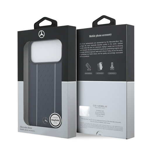 Mercedes-Benz Mercedes-Benz iPhone 17 Pro Max/iPhone 18 Pro Max Coque arrière Cuir véritable MagSafe Motif étoilé et rayures blanches - Bleu marine