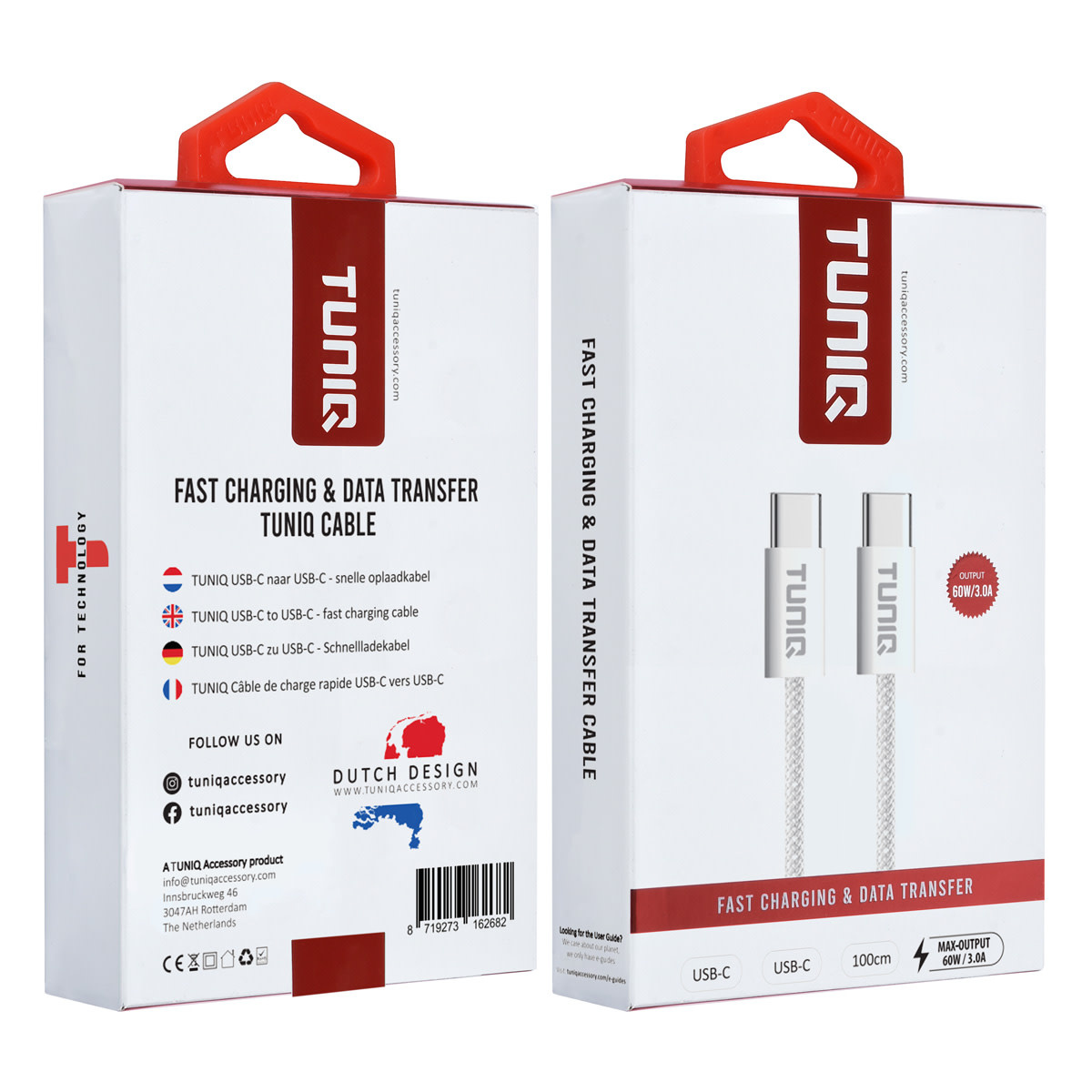 TUNIQ TUNIQ USB-C naar USB-C Kabel 100cm - 60W - Wit, foto 4 van 4