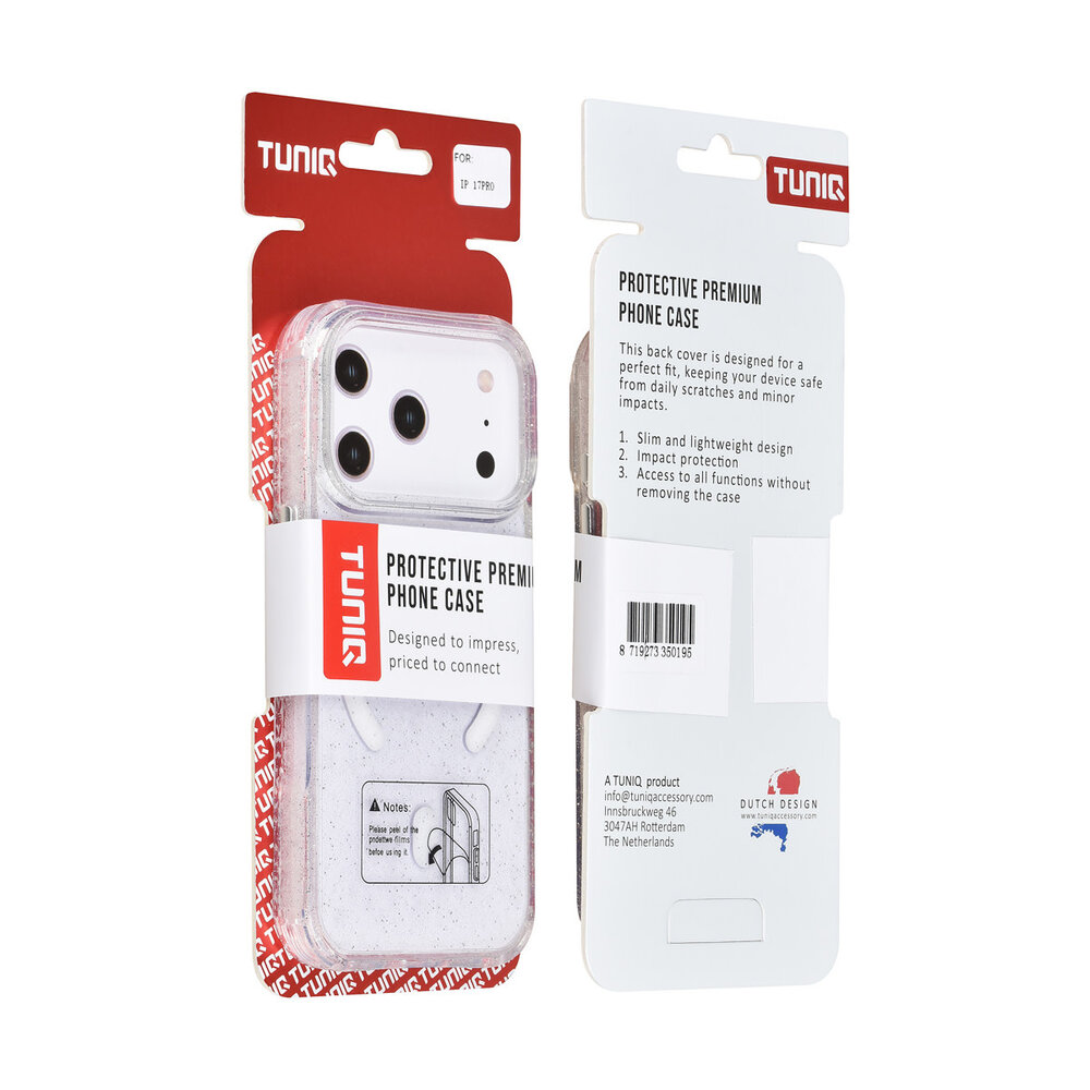 TUNIQ TUNIQ iPhone 17 Pro Back-Cover hul - Magsafe - Glitter - Hanger - Transparent TUNIQ TUNIQ iPhone 17 Pro Back-Cover hul - Magsafe - Glitter - Hanger - Transparent