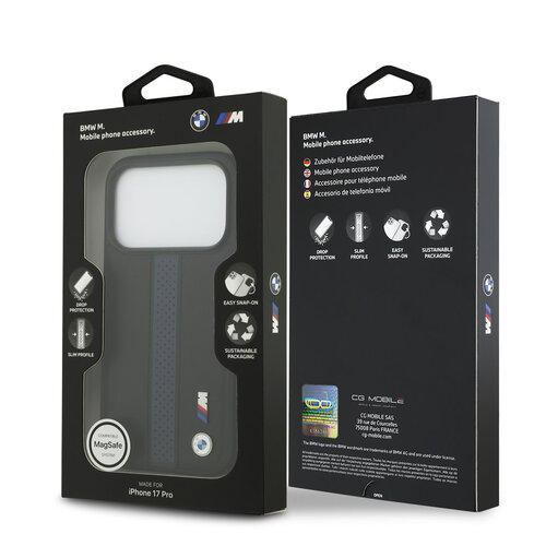 BMW BMW iPhone 17 Pro/iPhone 18 Pro Handyhülle PU-Kunstleder perforierte blaue Streifen Metalllogos - Schwarz
