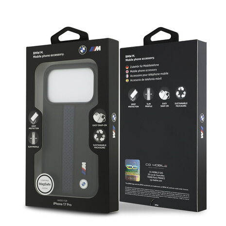 BMW BMW iPhone 17 Pro Back cover coque - PU Leather Case With Perforated Blue Stripes & Metal Logos - Noir BMW BMW iPhone 17 Pro Back cover coque - PU Leather Case With Perforated Blue Stripes & Metal Logos - Noir