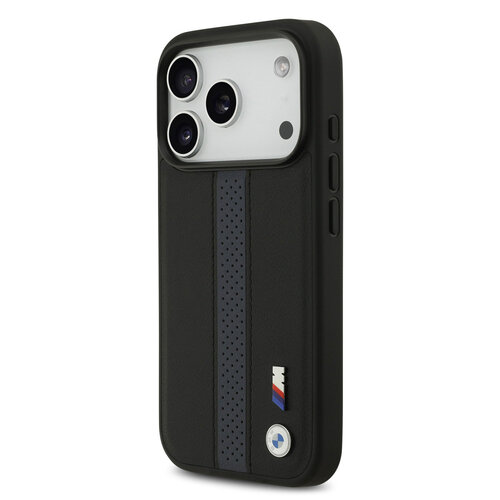 BMW BMW iPhone 17 Pro/iPhone 18 Pro Coque arrière Similicuir PU bandes bleues perforées logos métalliques - Noir
