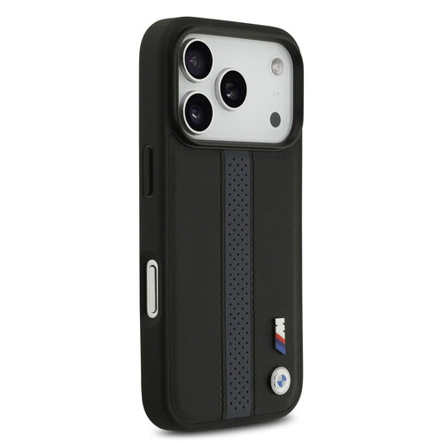 BMW BMW iPhone 17 Pro/iPhone 18 Pro Coque arrière Similicuir PU bandes bleues perforées logos métalliques - Noir