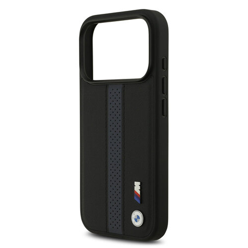 BMW BMW iPhone 17 Pro/iPhone 18 Pro Handyhülle PU-Kunstleder perforierte blaue Streifen Metalllogos - Schwarz