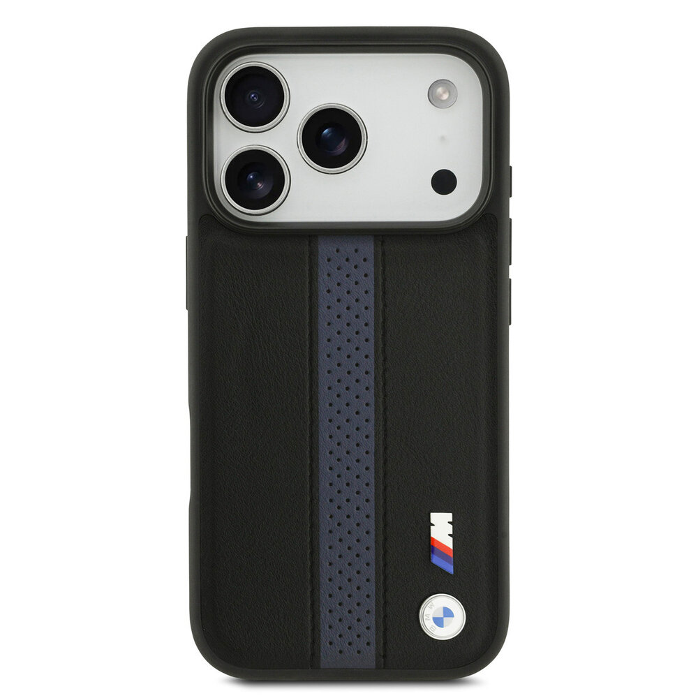BMW BMW iPhone 17 Pro Back cover coque - PU Leather Case With Perforated Blue Stripes & Metal Logos - Noir BMW BMW iPhone 17 Pro Back cover coque - PU Leather Case With Perforated Blue Stripes & Metal Logos - Noir