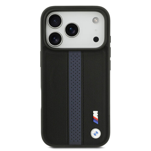 BMW BMW iPhone 17 Pro/iPhone 18 Pro Handyhülle PU-Kunstleder perforierte blaue Streifen Metalllogos - Schwarz