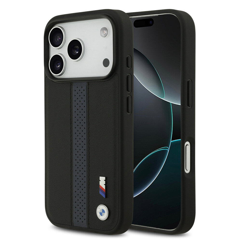 BMW BMW iPhone 17 Pro Back cover coque - PU Leather Case With Perforated Blue Stripes & Metal Logos - Noir BMW BMW iPhone 17 Pro Back cover coque - PU Leather Case With Perforated Blue Stripes & Metal Logos - Noir