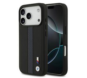 BMW BMW iPhone 17 Pro Back cover case - PU Leather Case With Perforated Blue Stripes & Metal Logos - Black BMW BMW iPhone 17 Pro Back cover case - PU Leather Case With Perforated Blue Stripes & Metal Logos - Black
