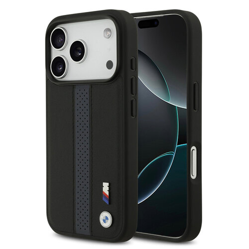 BMW BMW iPhone 17 Pro/iPhone 18 Pro Coque arrière Similicuir PU bandes bleues perforées logos métalliques - Noir