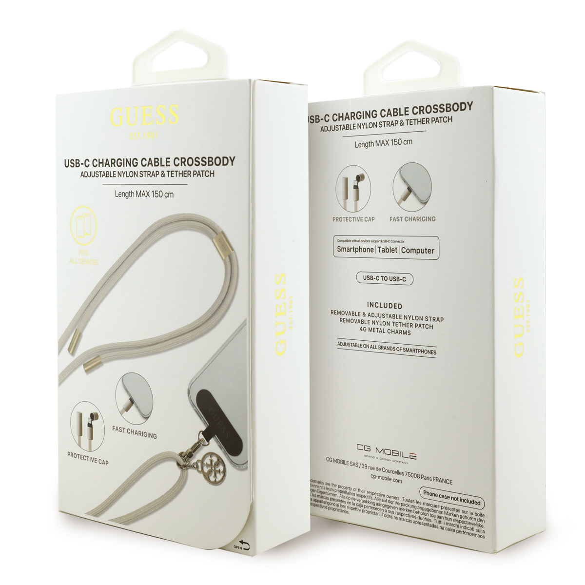 Guess Guess Crossbody Cord with Charging Cable and Tether Patch - USB-C to USB-C - 4G Charm - Beige, foto 4 van 4