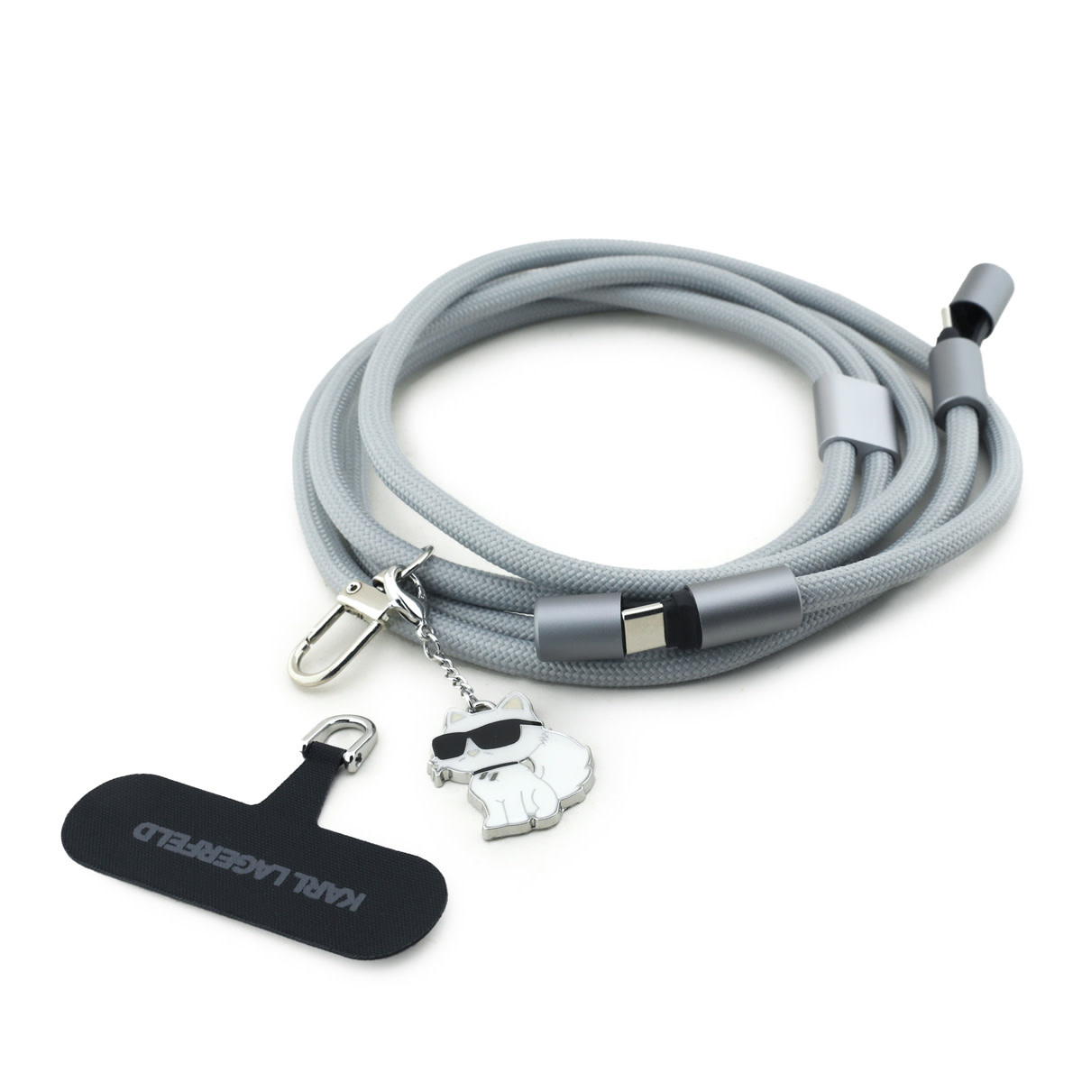 Karl Lagerfeld Karl Lagerfeld Crossbody Cord with Charging Cable and Tether Patch - USB-C to USB-C - Choupette Charm - Grijs