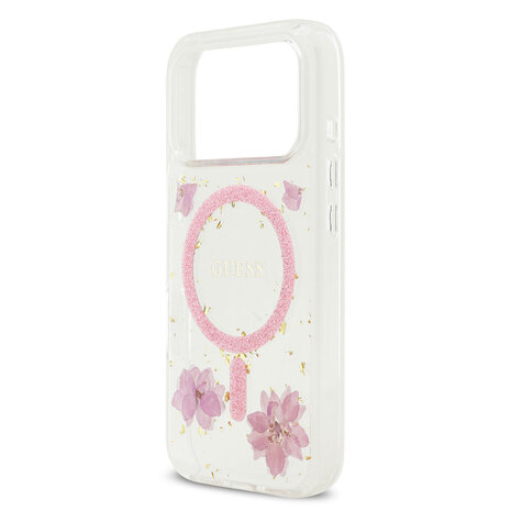 Guess Guess iPhone 17 Pro Backcover hoesje - Magsafe - Resin Flowers Design - Roze Guess Guess iPhone 17 Pro Backcover hoesje - Magsafe - Resin Flowers Design - Roze