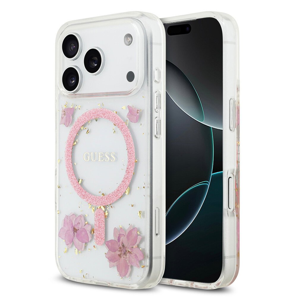 Guess Guess iPhone 17 Pro Back cover case - Magsafe - Resin Flowers Design - Pink Guess Guess iPhone 17 Pro Back cover case - Magsafe - Resin Flowers Design - Pink