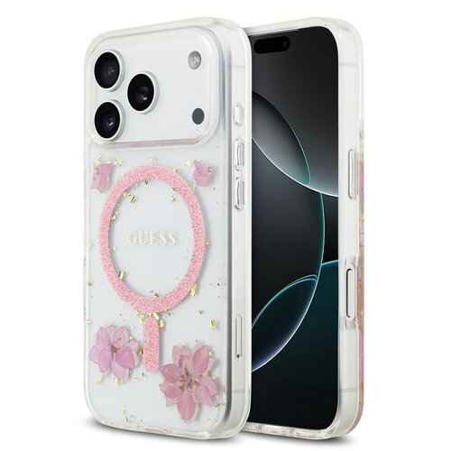 Guess Guess iPhone 17 Pro/iPhone 18 Pro Coque arrière MagSafe Motif floral en résine - Rose
