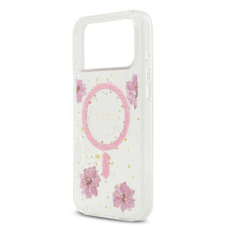 Guess Guess iPhone 17 Pro Max Backcover hoesje - Magsafe - Resin Flowers Design - Roze Guess Guess iPhone 17 Pro Max Backcover hoesje - Magsafe - Resin Flowers Design - Roze