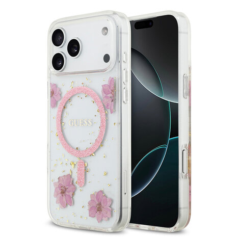 Guess Guess iPhone 17 Pro Max Back-Cover hul - Magsafe - Resin Flowers Design - Rosa Guess Guess iPhone 17 Pro Max Back-Cover hul - Magsafe - Resin Flowers Design - Rosa