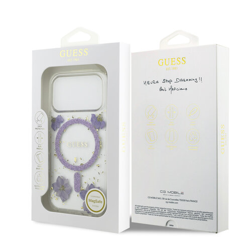 Guess Guess iPhone 17 Pro/iPhone 18 Pro Coque arrière MagSafe Motif floral en résine - Violet