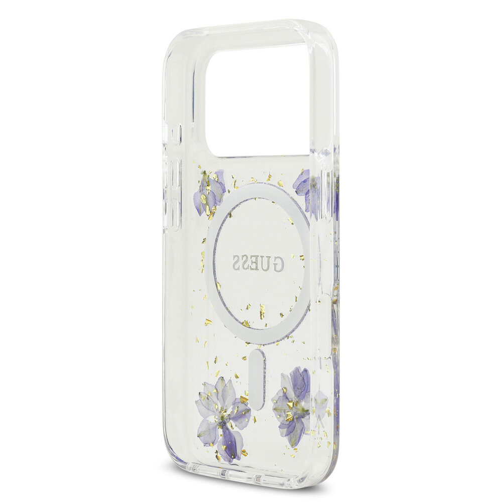 Guess Guess iPhone 17 Pro Back cover case - Magsafe - Resin Flowers Design - Purple Guess Guess iPhone 17 Pro Back cover case - Magsafe - Resin Flowers Design - Purple