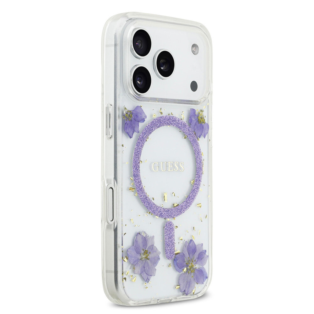 Guess Guess iPhone 17 Pro Back cover coque - Magsafe - Resin Flowers Design - Violet Guess Guess iPhone 17 Pro Back cover coque - Magsafe - Resin Flowers Design - Violet