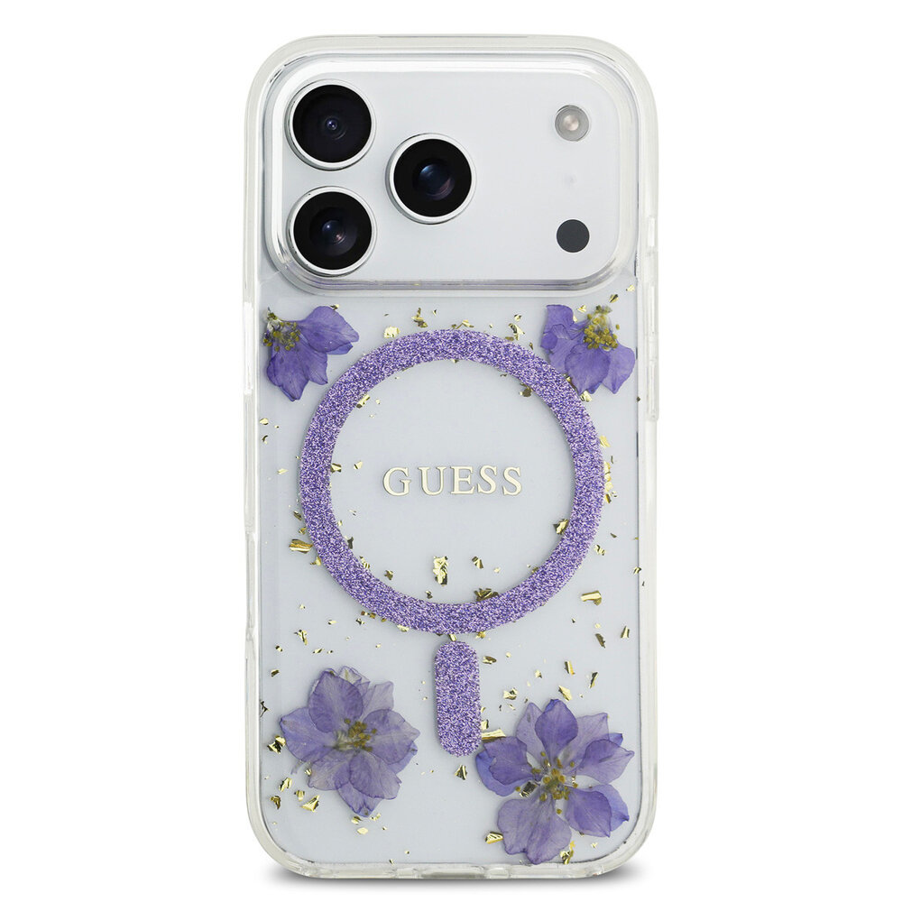 Guess Guess iPhone 17 Pro Backcover hoesje - Magsafe - Resin Flowers Design - Paars Guess Guess iPhone 17 Pro Backcover hoesje - Magsafe - Resin Flowers Design - Paars
