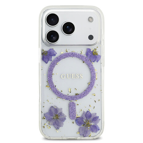 Guess Guess iPhone 17 Pro Backcover hoesje - Magsafe - Resin Flowers Design - Paars Guess Guess iPhone 17 Pro Backcover hoesje - Magsafe - Resin Flowers Design - Paars