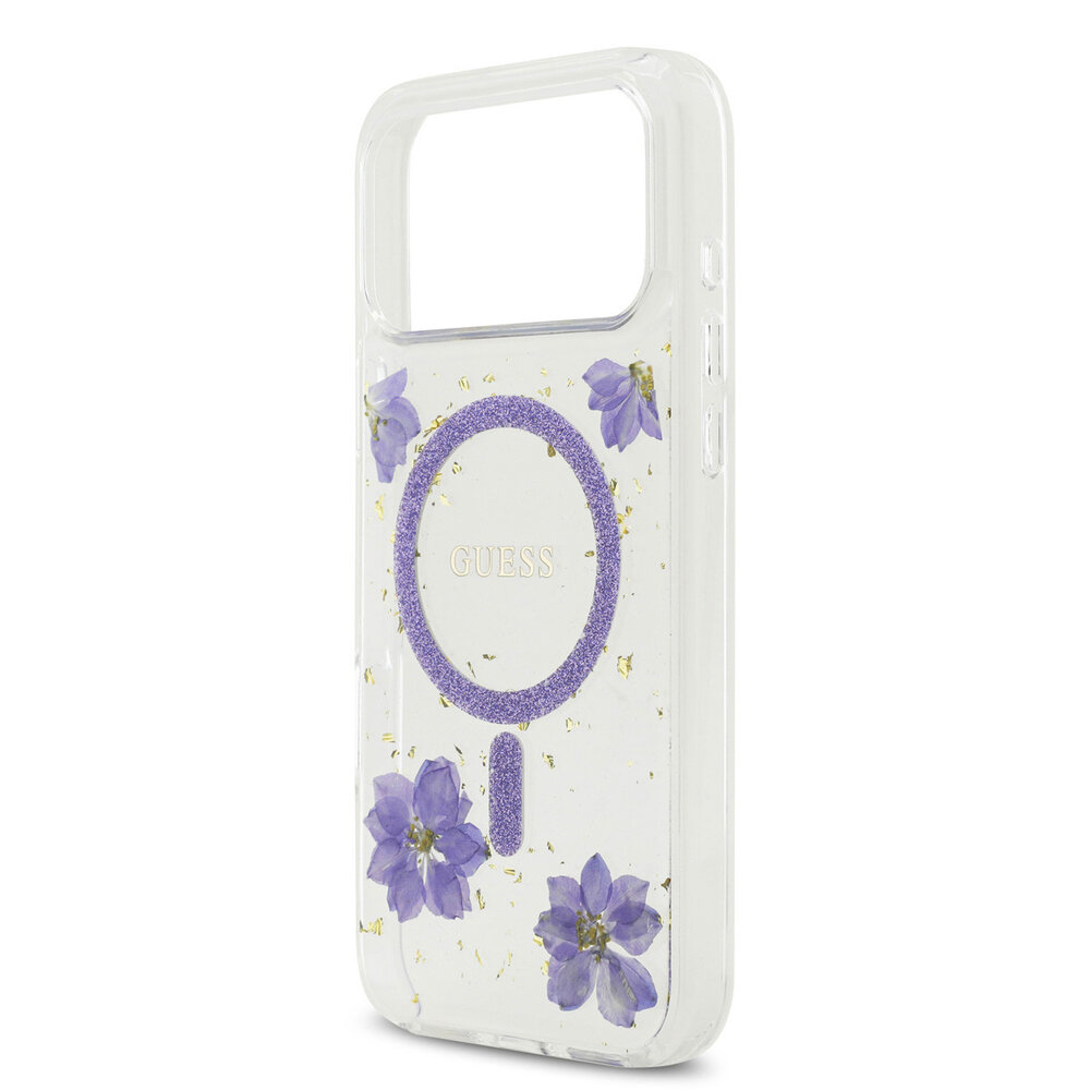 Guess Guess iPhone 17 Pro Max Back cover coque - Magsafe - Resin Flowers Design - Violet Guess Guess iPhone 17 Pro Max Back cover coque - Magsafe - Resin Flowers Design - Violet