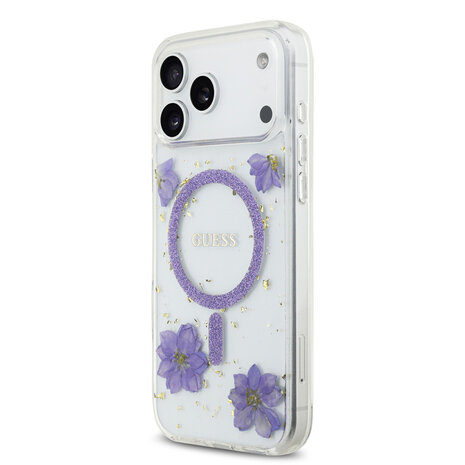Guess Guess iPhone 17 Pro Max Back-Cover hul - Magsafe - Resin Flowers Design - Lila Guess Guess iPhone 17 Pro Max Back-Cover hul - Magsafe - Resin Flowers Design - Lila