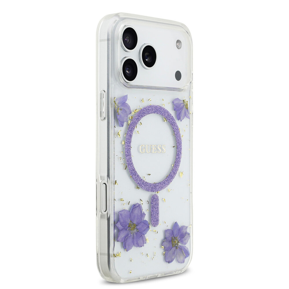 Guess Guess iPhone 17 Pro Max Back cover coque - Magsafe - Resin Flowers Design - Violet Guess Guess iPhone 17 Pro Max Back cover coque - Magsafe - Resin Flowers Design - Violet