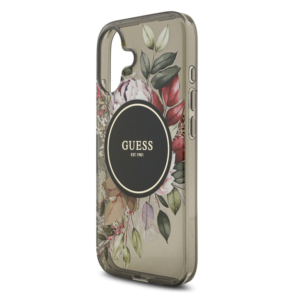 Guess Guess iPhone 17 Back cover case - Magsafe - IML Flowers with Pearl Strap - Black Guess Guess iPhone 17 Back cover case - Magsafe - IML Flowers with Pearl Strap - Black
