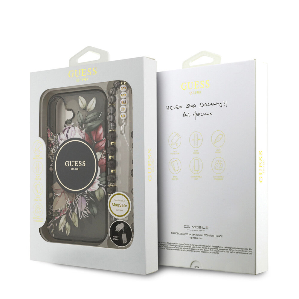 Guess Guess iPhone 17 Back-Cover hul - Magsafe - IML Flowers with Pearl Strap - Schwarz