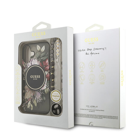 Guess Guess iPhone 17 Back-Cover hul - Magsafe - IML Flowers with Pearl Strap - Schwarz