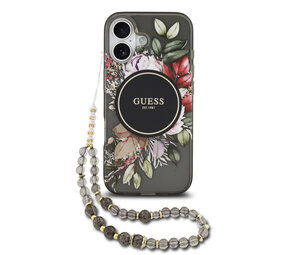 Guess Guess iPhone 17 Back cover coque - Magsafe - IML Flowers with Pearl Strap - Noir Guess Guess iPhone 17 Back cover coque - Magsafe - IML Flowers with Pearl Strap - Noir