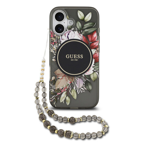 Guess Guess iPhone 17 Back cover coque - Magsafe - IML Flowers with Pearl Strap - Noir Guess Guess iPhone 17 Back cover coque - Magsafe - IML Flowers with Pearl Strap - Noir