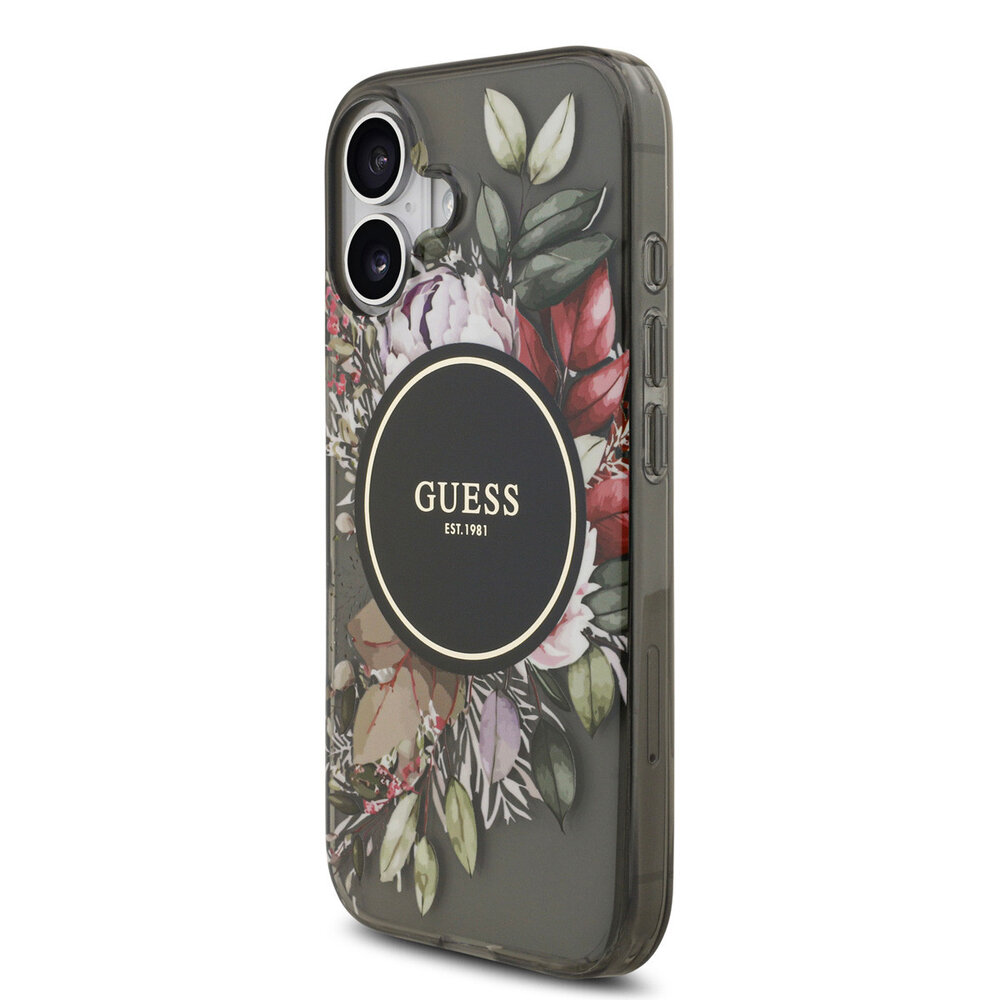 Guess Guess iPhone 17 Back cover coque - Magsafe - IML Flowers with Pearl Strap - Noir Guess Guess iPhone 17 Back cover coque - Magsafe - IML Flowers with Pearl Strap - Noir