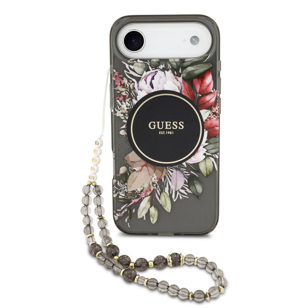Guess Guess iPhone 17 Air Back-Cover hul - Magsafe - IML Flowers with Pearl Strap - Schwarz