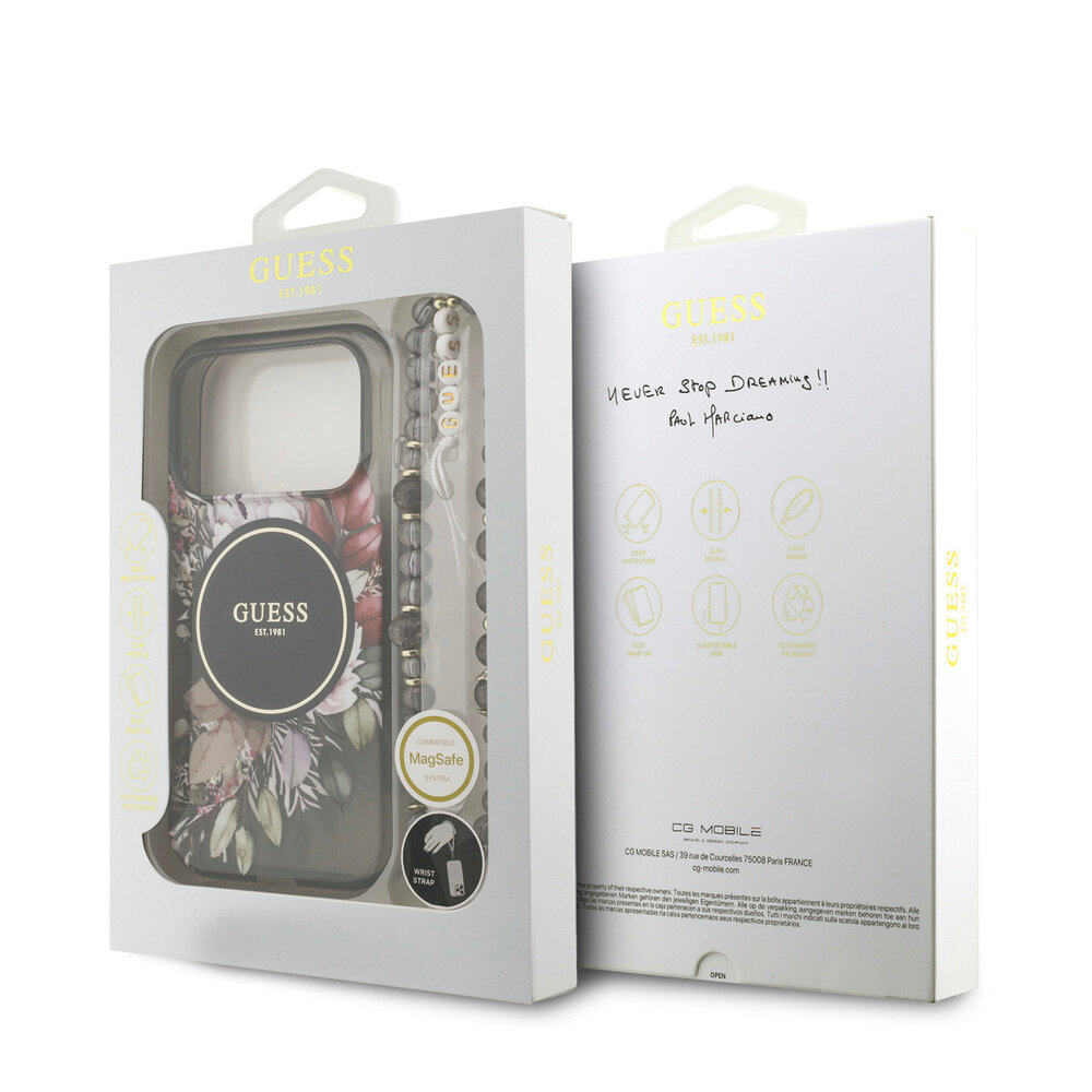 Guess Guess iPhone 17 Pro Back cover case - Magsafe - IML Flowers with Pearl Strap - Black Guess Guess iPhone 17 Pro Back cover case - Magsafe - IML Flowers with Pearl Strap - Black