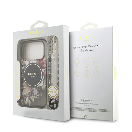 Guess Guess iPhone 17 Pro Back cover case - Magsafe - IML Flowers with Pearl Strap - Black Guess Guess iPhone 17 Pro Back cover case - Magsafe - IML Flowers with Pearl Strap - Black