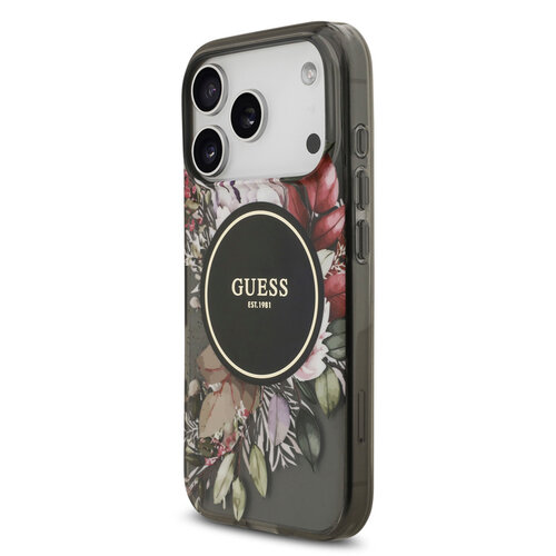 Guess Guess iPhone 17 Pro/iPhone 18 Pro Backcoverhoesje - MagSafe - IML-bloemen met parelkoord - Zwart