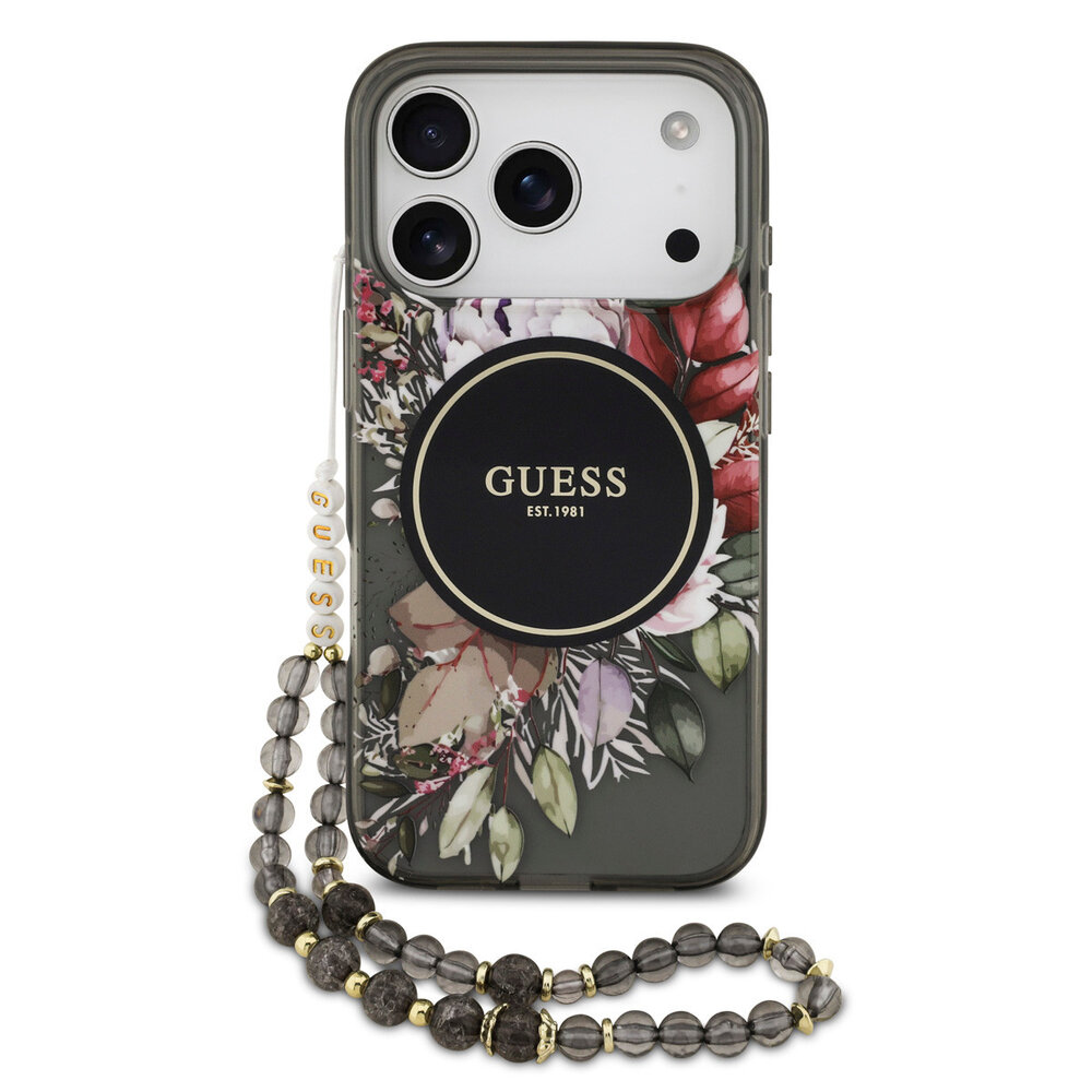 Guess Guess iPhone 17 Pro Back-Cover hul - Magsafe - IML Flowers with Pearl Strap - Schwarz Guess Guess iPhone 17 Pro Back-Cover hul - Magsafe - IML Flowers with Pearl Strap - Schwarz