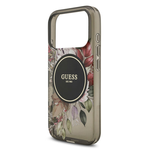 Guess Guess iPhone 17 Pro/iPhone 18 Pro Coque arrière MagSafe Motif floral IML avec dragonne perlée - Noir