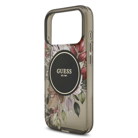 Guess Guess iPhone 17 Pro Back cover case - Magsafe - IML Flowers with Pearl Strap - Black Guess Guess iPhone 17 Pro Back cover case - Magsafe - IML Flowers with Pearl Strap - Black
