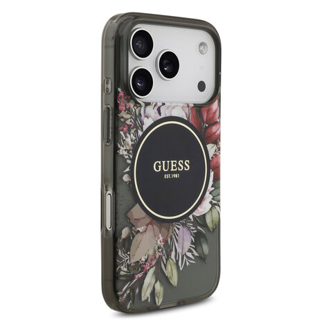 Guess Guess iPhone 17 Pro Back cover case - Magsafe - IML Flowers with Pearl Strap - Black Guess Guess iPhone 17 Pro Back cover case - Magsafe - IML Flowers with Pearl Strap - Black
