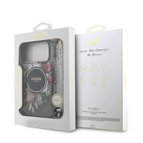 Guess Guess iPhone 17 Pro Max/iPhone 18 Pro Max Coque arrière MagSafe Motif floral IML avec dragonne perlée - Noir