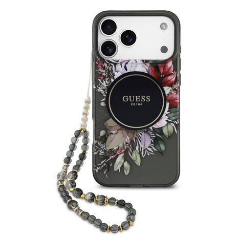 Guess Guess iPhone 17 Pro Max Back-Cover hul - Magsafe - IML Flowers with Pearl Strap - Schwarz Guess Guess iPhone 17 Pro Max Back-Cover hul - Magsafe - IML Flowers with Pearl Strap - Schwarz