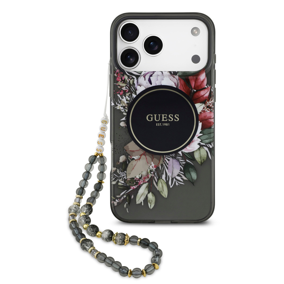 Guess Guess iPhone 17 Pro Max Backcover hoesje - Magsafe - IML Flowers with Pearl Strap - Zwart