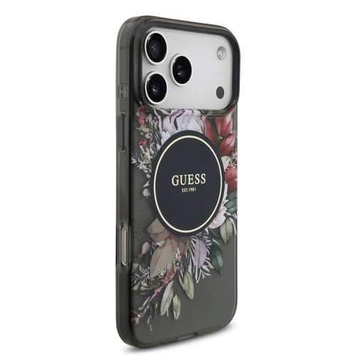 Guess Guess iPhone 17 Pro Max/iPhone 18 Pro Max Coque arrière MagSafe Motif floral IML avec dragonne perlée - Noir
