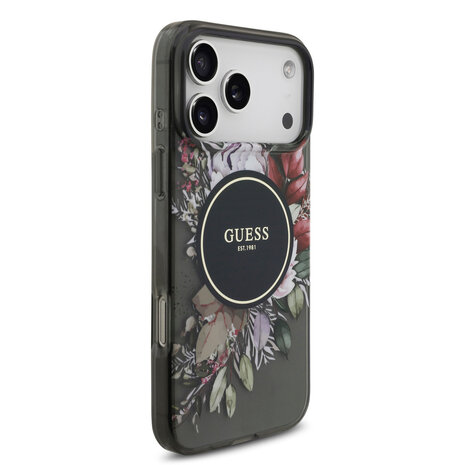 Guess Guess iPhone 17 Pro Max Back cover case - Magsafe - IML Flowers with Pearl Strap - Black Guess Guess iPhone 17 Pro Max Back cover case - Magsafe - IML Flowers with Pearl Strap - Black